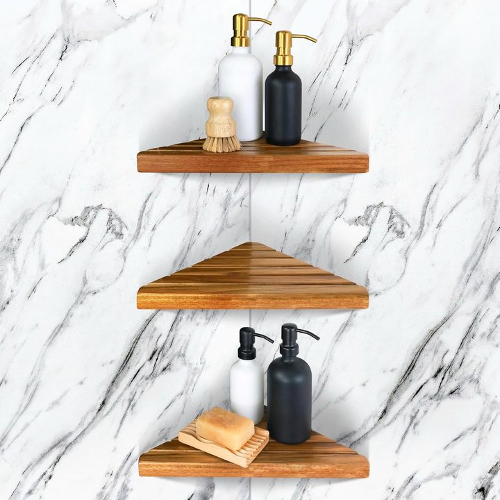 1 Pc Acacia Corner Shower Shelf with Triangular Wooden Design for Tiled Bathroom Walls and Shower Storage