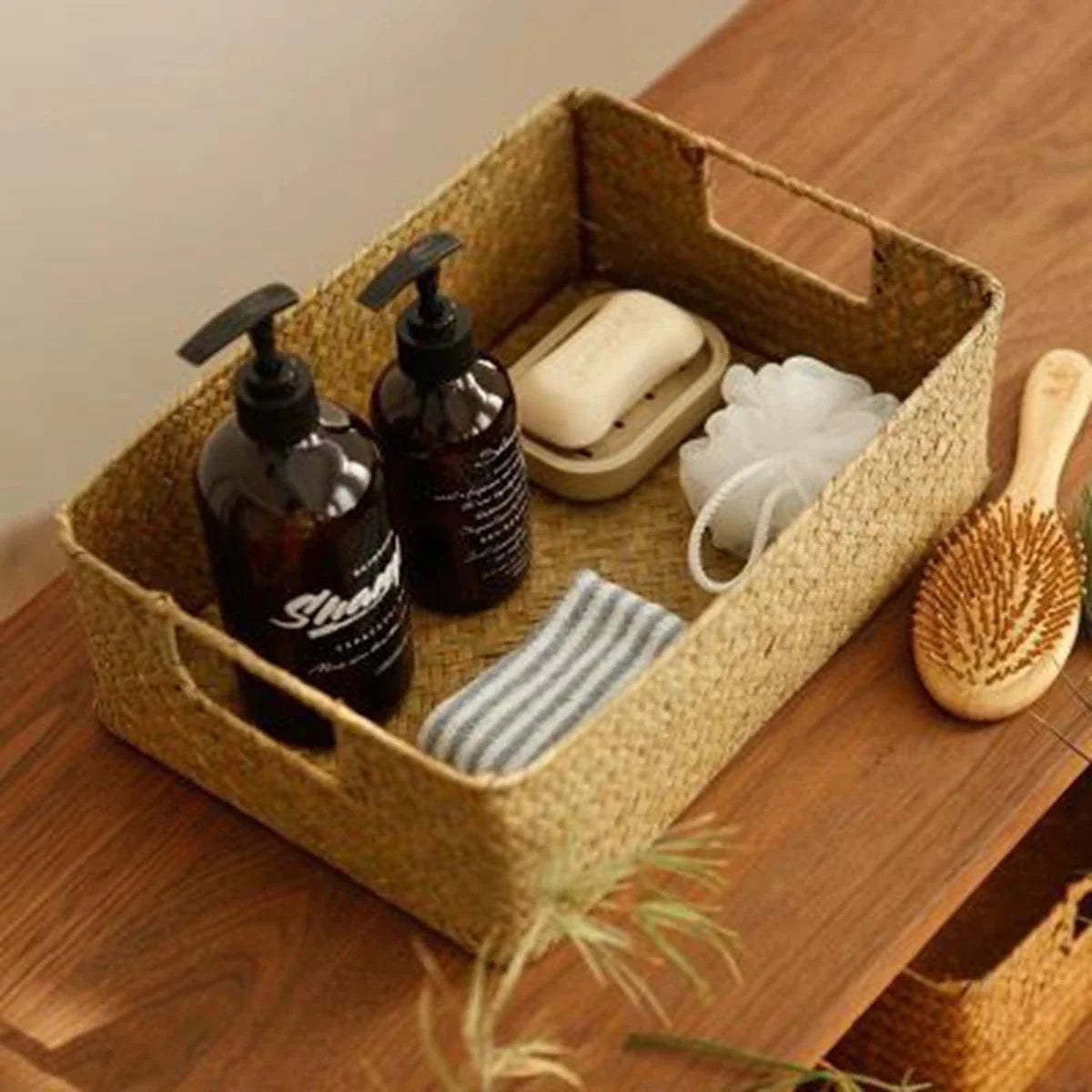 Natural Woven Seaweed Storage Basket with Open Design for Kitchen and Home Organization