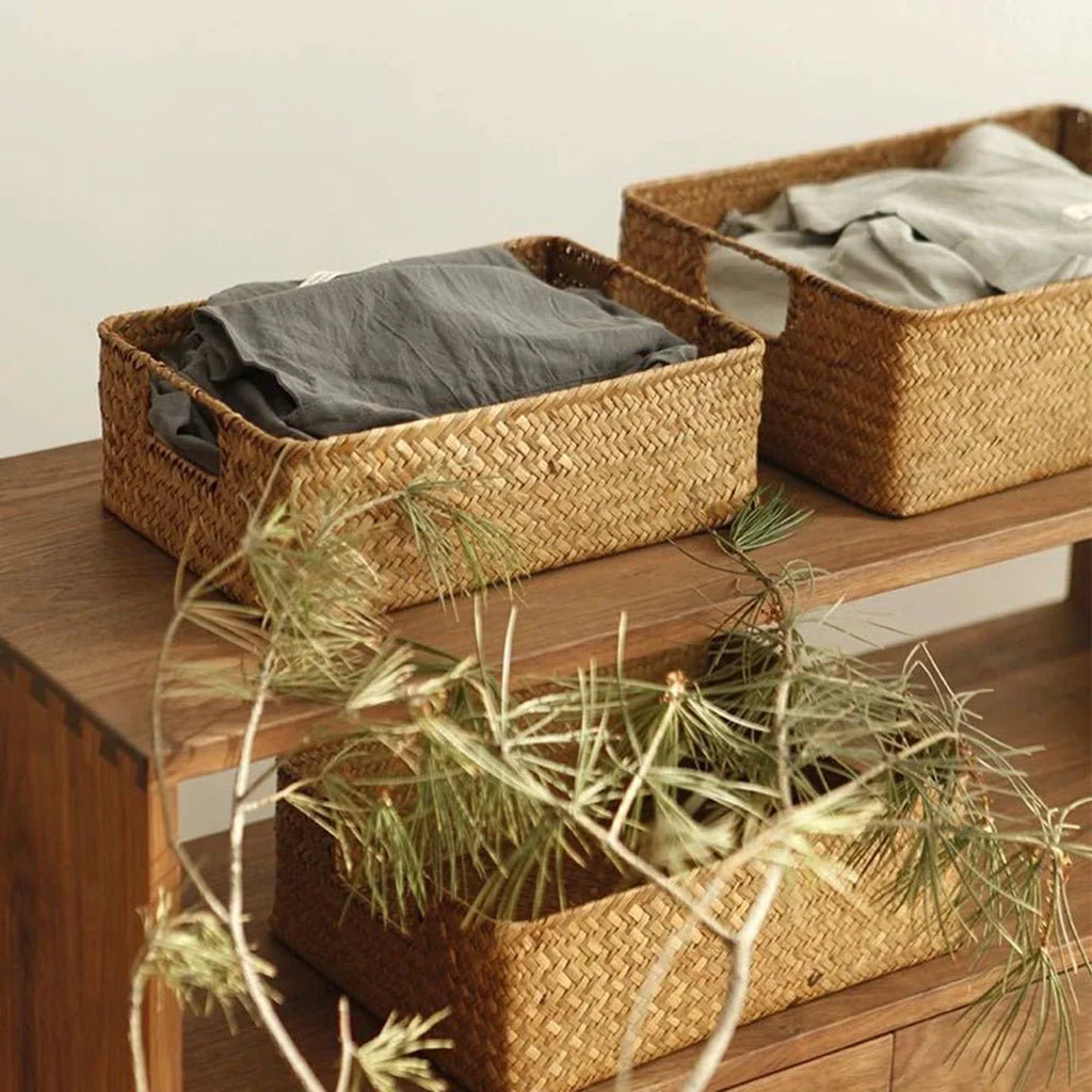 Natural Woven Seaweed Storage Basket with Open Design for Kitchen and Home Organization