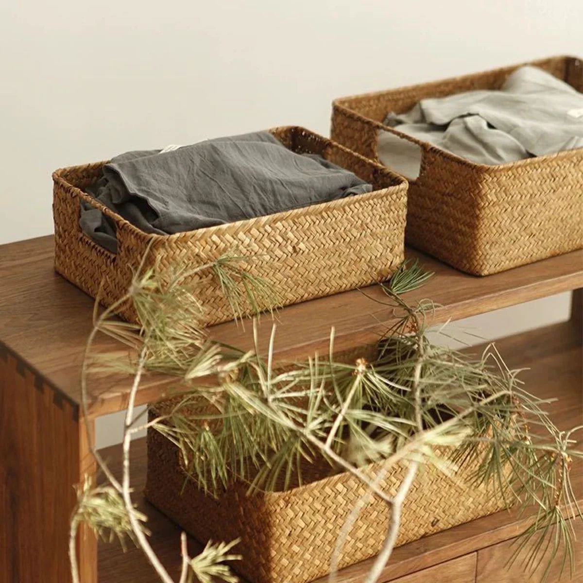 Natural Woven Seaweed Storage Basket with Open Design for Kitchen and Home Organization