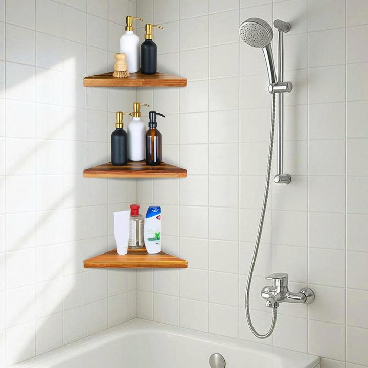1 Pc Acacia Corner Shower Shelf with Triangular Wooden Design for Tiled Bathroom Walls and Shower Storage