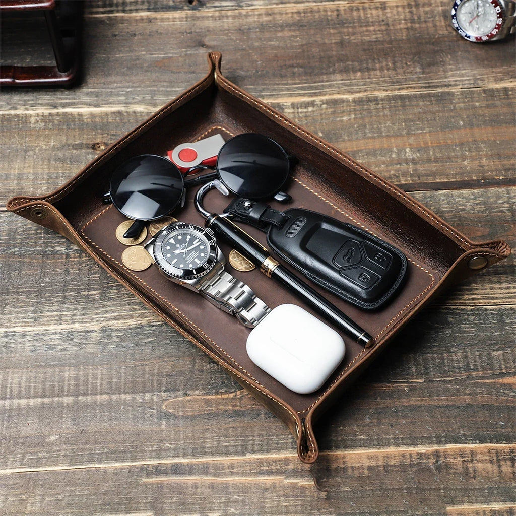 Foldable Leather Catchall Tray with Square Desktop Organizer Design for Keys Coins and Small Essentials