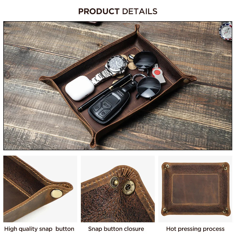 Foldable Leather Catchall Tray with Square Desktop Organizer Design for Keys Coins and Small Essentials