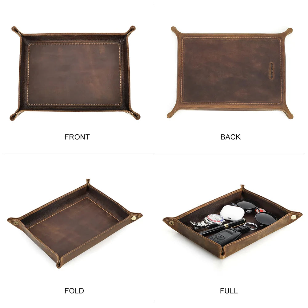 Foldable Leather Catchall Tray with Square Desktop Organizer Design for Keys Coins and Small Essentials