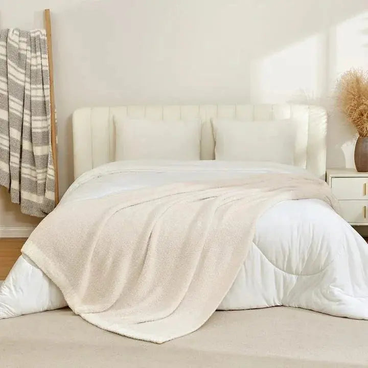 Buttery Ivory Reversible Knit Throw Blanket with Plush Texture for Couch and Home Lounging Comfort