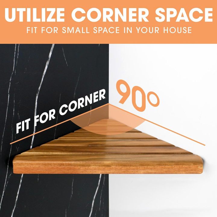 1 Pc Acacia Corner Shower Shelf with Triangular Wooden Design for Tiled Bathroom Walls and Shower Storage
