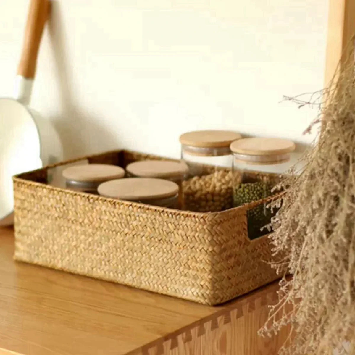 Natural Woven Seaweed Storage Basket with Open Design for Kitchen and Home Organization
