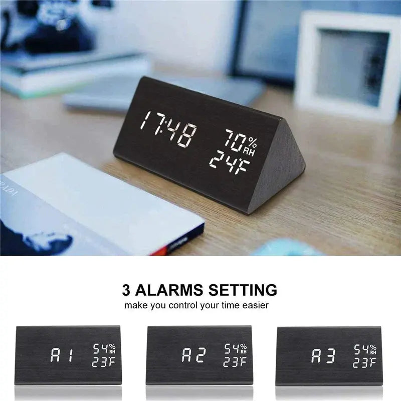 Wooden LED Alarm Clock with USB Charger Temperature Display