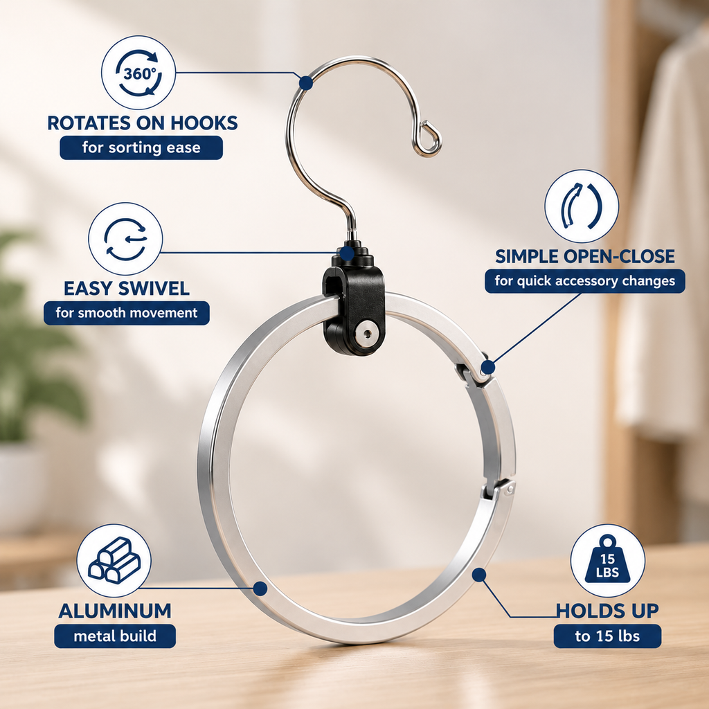 Circular Closet Organizer Hanger with Rotating Hook for Space-Saving Accessory Storage