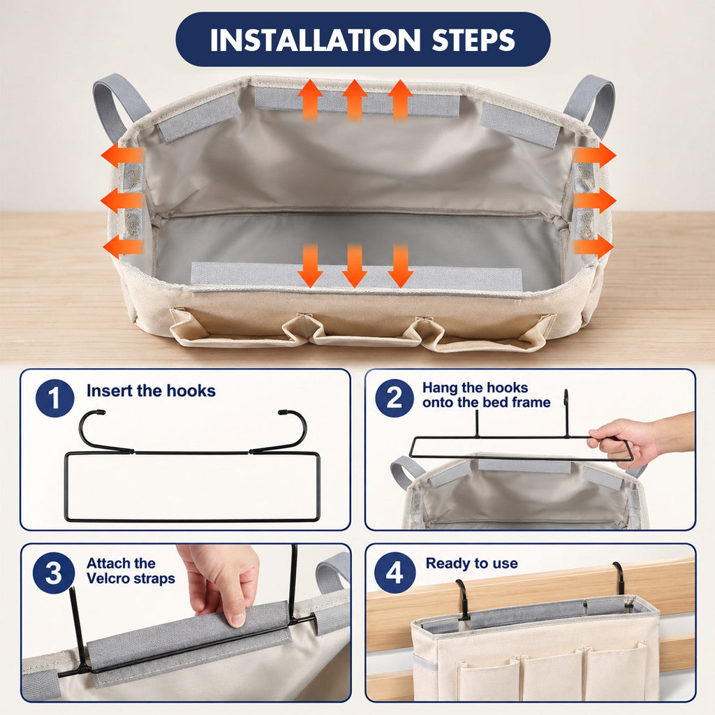 Bedside Caddy Organizer with Multiple Pockets and Hooks for Beds, Sofas and Dorm Storage