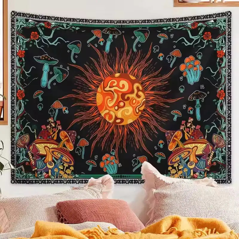 Embroidered Star and Moon Constellation Tapestry with Boho Detailing for Home Ambience