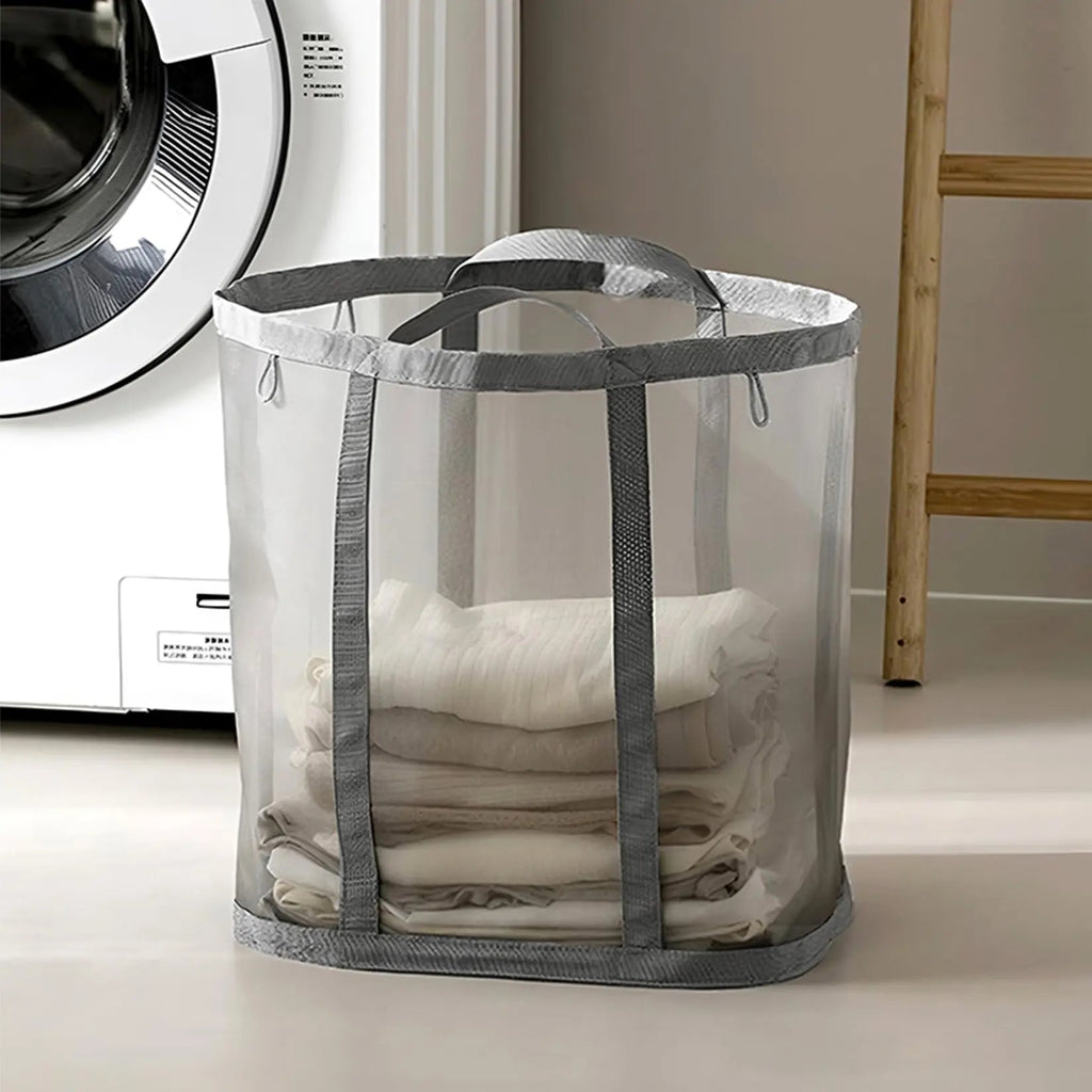 Foldable Mesh Laundry Basket with Handles and Collapsible Structure for Home and Travel Use