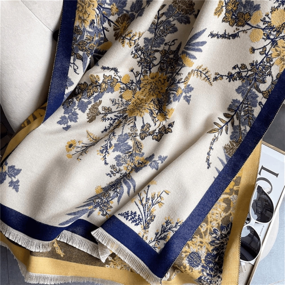 Floral Double-Sided Cashmere-Feel Winter Scarf with Fringe Detail for Winter Layering