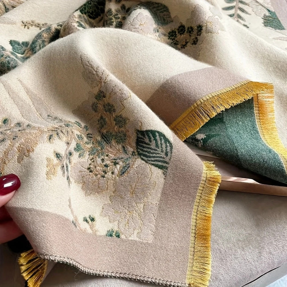 Floral Double-Sided Cashmere-Feel Winter Scarf with Fringe Detail for Winter Layering