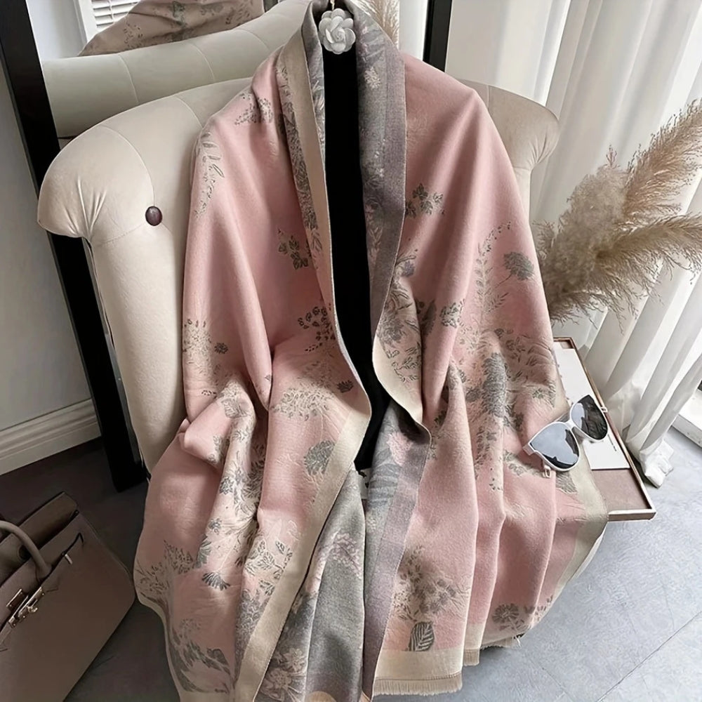 Floral Double-Sided Cashmere-Feel Winter Scarf with Fringe Detail for Winter Layering