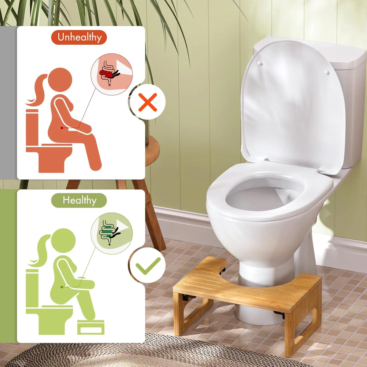 Bamboo Foldable Toilet Stool with Non Slip Base for Compact Bathroom Use
