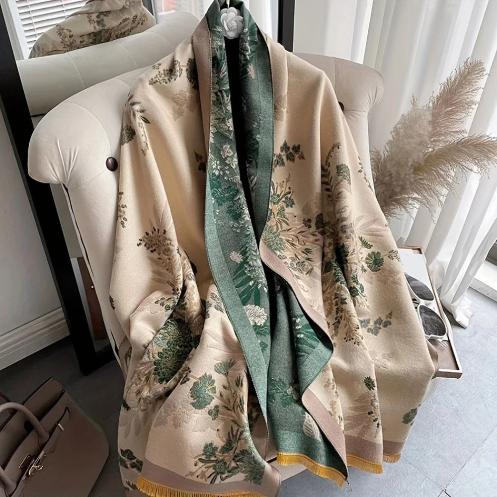 Floral Double-Sided Cashmere-Feel Winter Scarf with Fringe Detail for Winter Layering