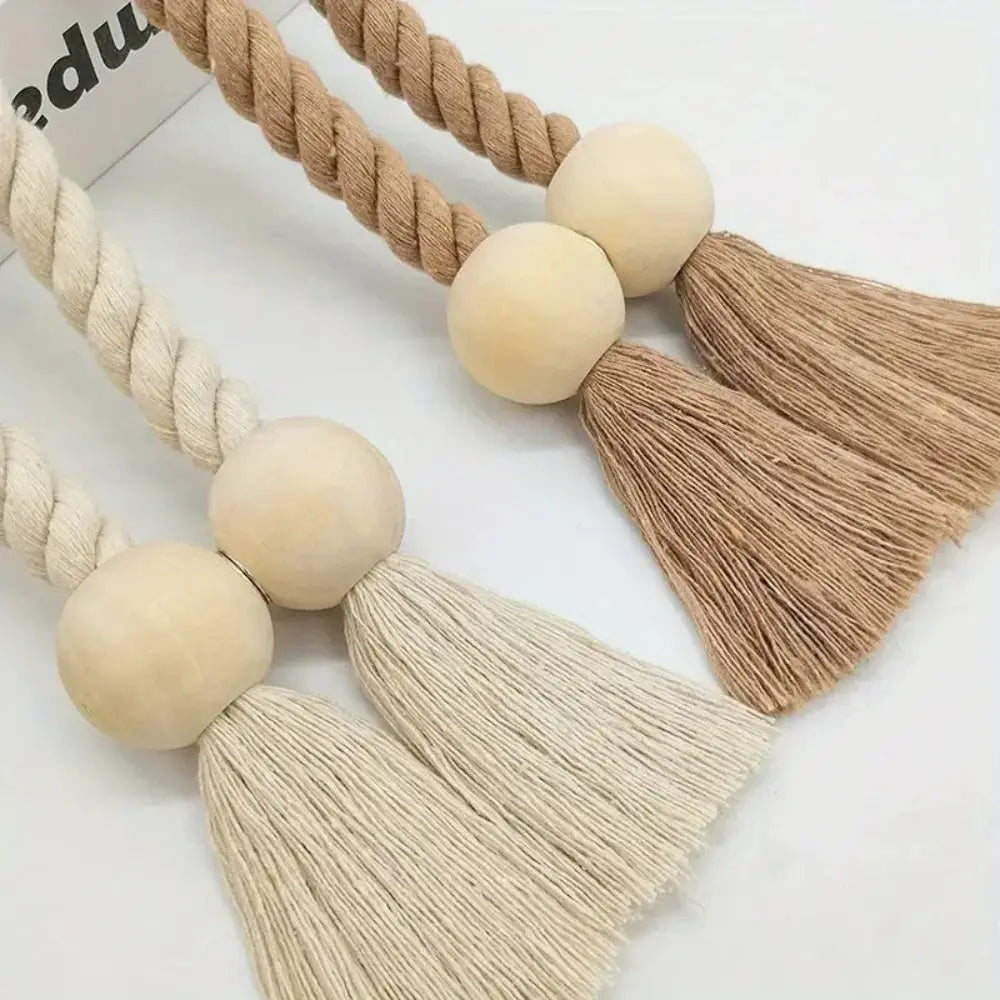 Wooden Bead Tassel Curtain Tie Back Set with Magnetic Closure for Home Decor