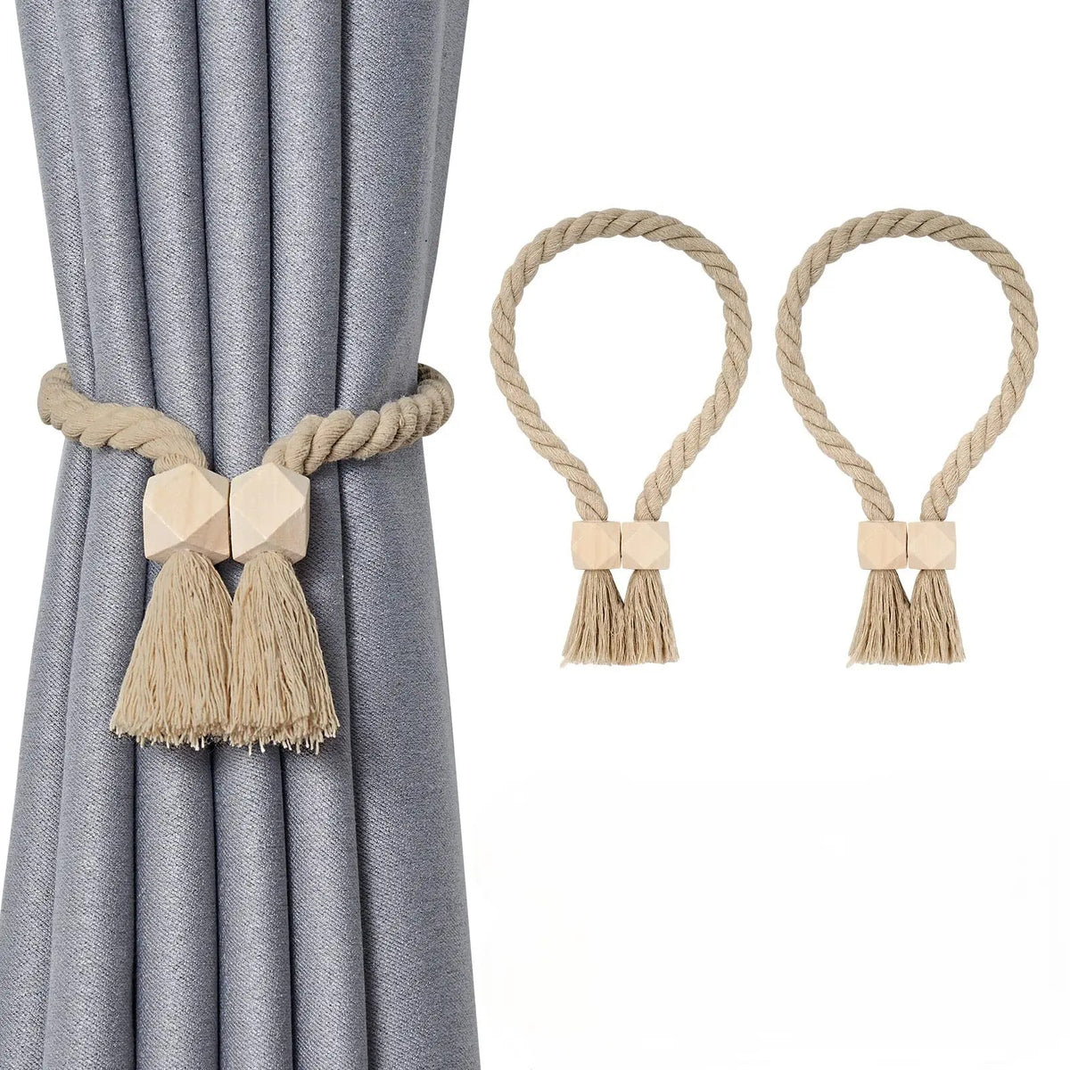 Wooden Bead Tassel Curtain Tie Back Set with Magnetic Closure for Home Decor