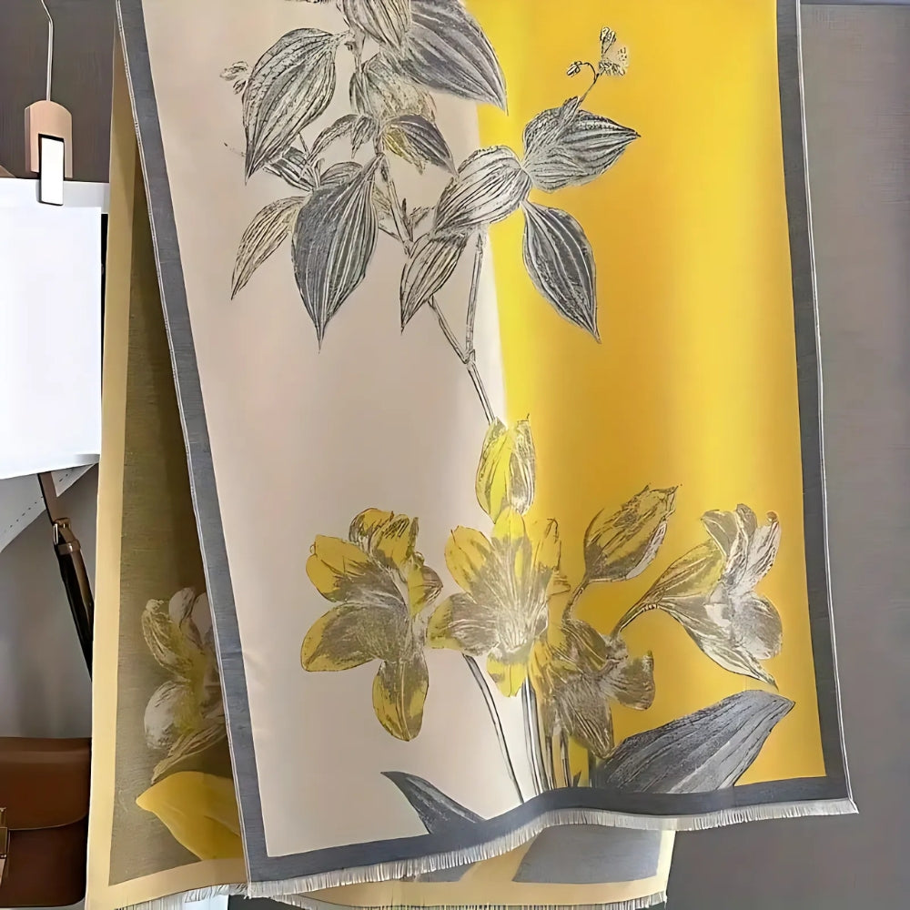 Floral Double-Sided Cashmere-Feel Winter Scarf with Fringe Detail for Winter Layering