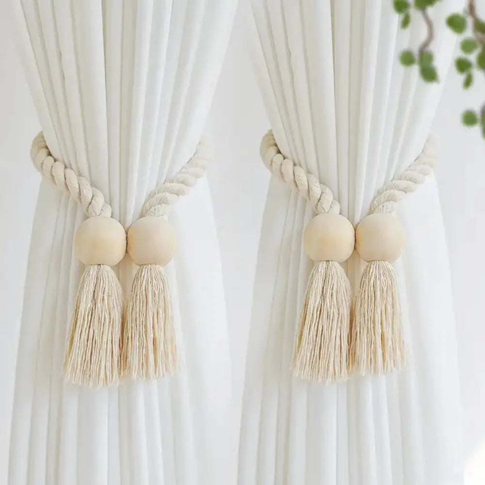 Wooden Bead Tassel Curtain Tie Back Set with Magnetic Closure for Home Decor