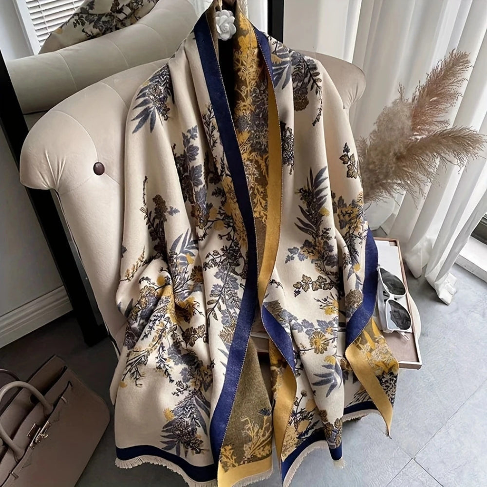 Floral Double-Sided Cashmere-Feel Winter Scarf with Fringe Detail for Winter Layering