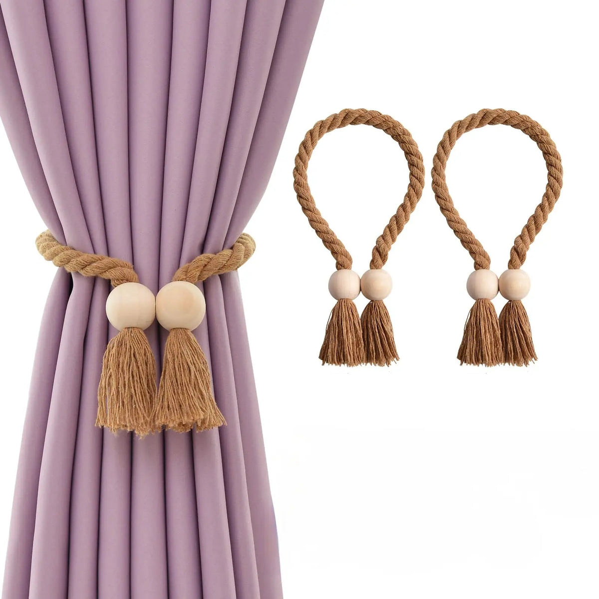 Wooden Bead Tassel Curtain Tie Back Set with Magnetic Closure for Home Decor