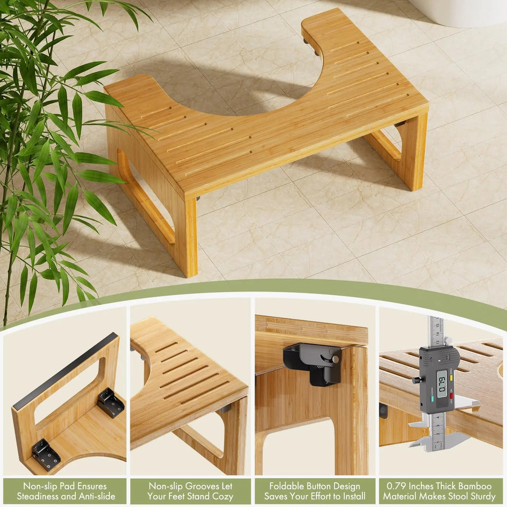 Bamboo Foldable Toilet Stool with Non Slip Base for Compact Bathroom Use
