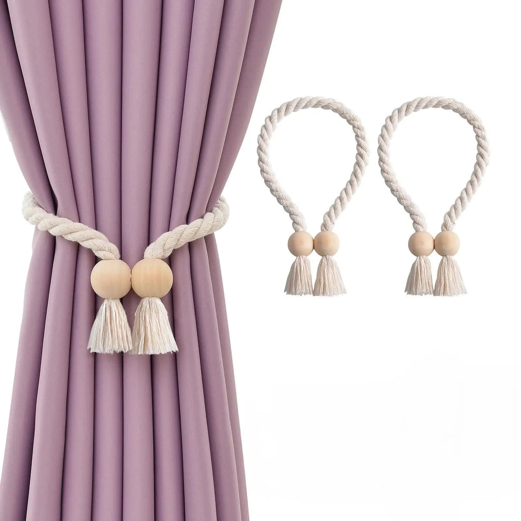 Wooden Bead Tassel Curtain Tie Back Set with Magnetic Closure for Home Decor