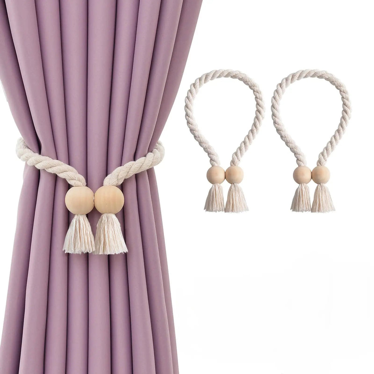 Wooden Bead Tassel Curtain Tie Back Set with Magnetic Closure for Home Decor