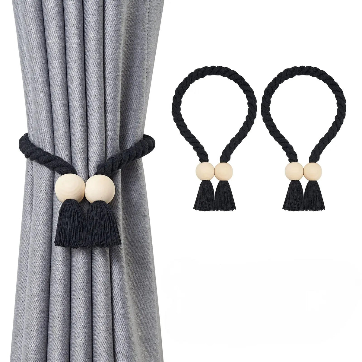 Wooden Bead Tassel Curtain Tie Back Set with Magnetic Closure for Home Decor