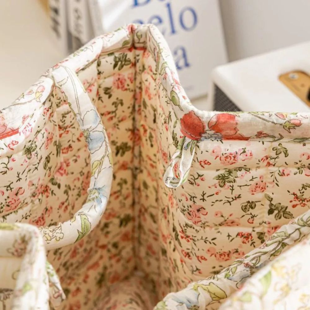 Floral Canvas Storage Basket with Soft Quilted Design for Home Organization