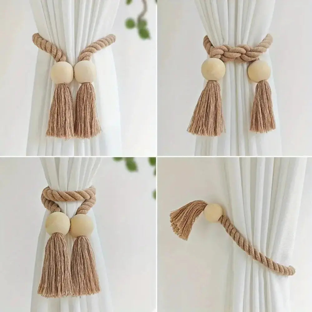 Wooden Bead Tassel Curtain Tie Back Set with Magnetic Closure for Home Decor