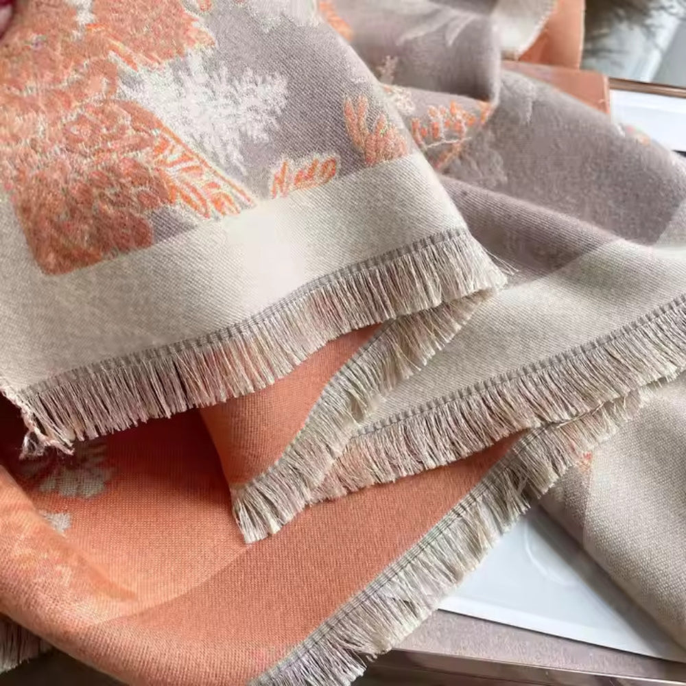 Floral Double-Sided Cashmere-Feel Winter Scarf with Fringe Detail for Winter Layering