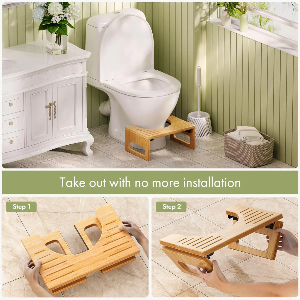 Bamboo Foldable Toilet Stool with Non Slip Base for Compact Bathroom Use