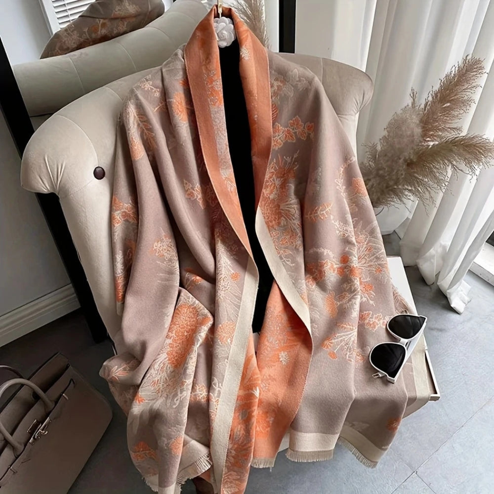 Floral Double-Sided Cashmere-Feel Winter Scarf with Fringe Detail for Winter Layering