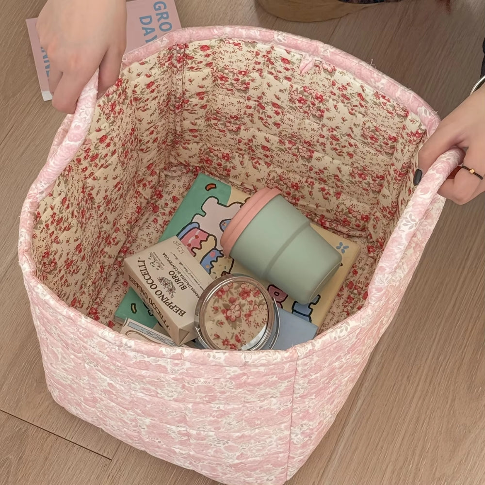Floral Canvas Storage Basket with Soft Quilted Design for Home Organization