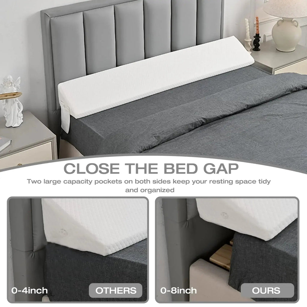 Mattress Gap Pillow with Silicone Grip Dots and Storage Pockets for Secure Bedside Support