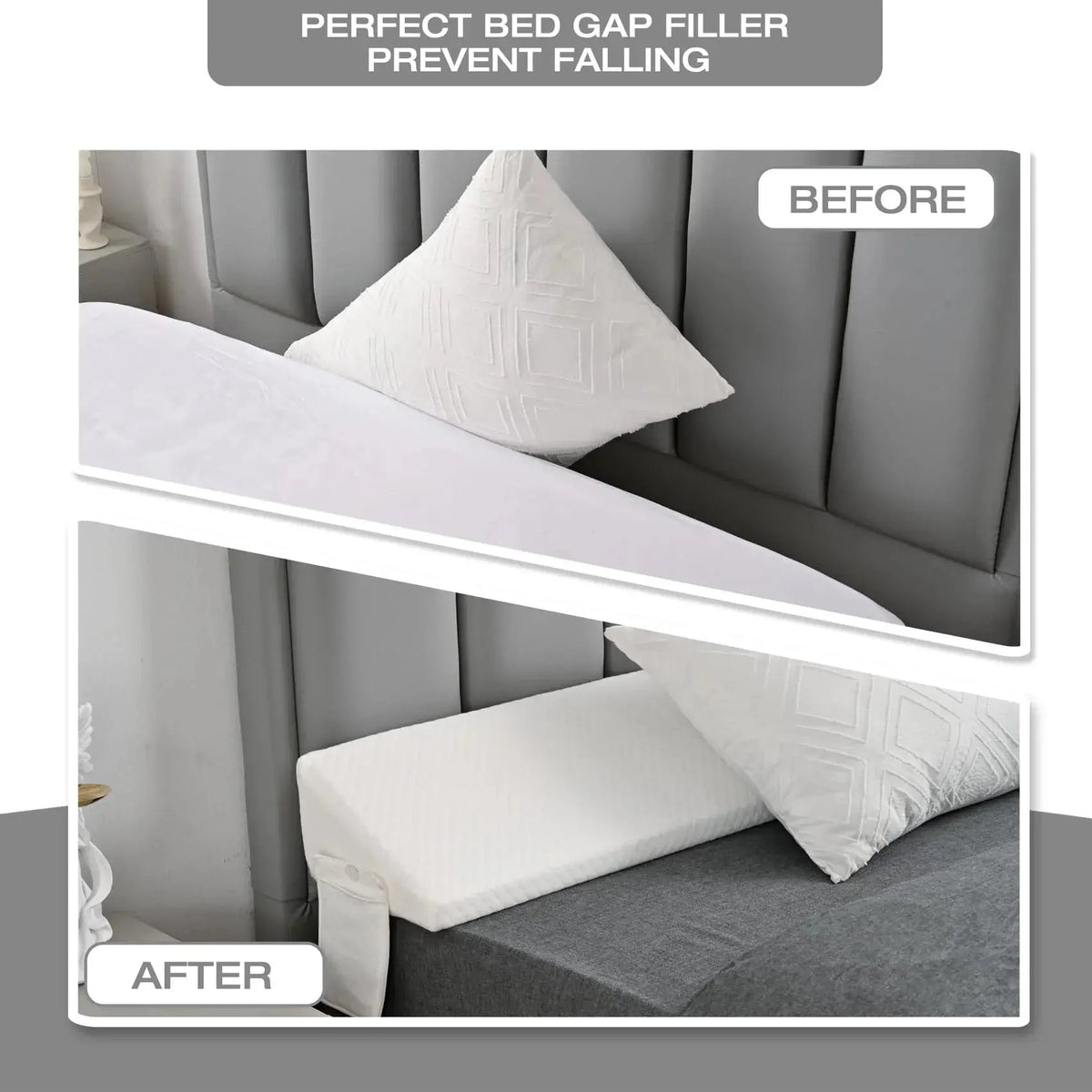 Mattress Gap Pillow with Silicone Grip Dots and Storage Pockets for Secure Bedside Support