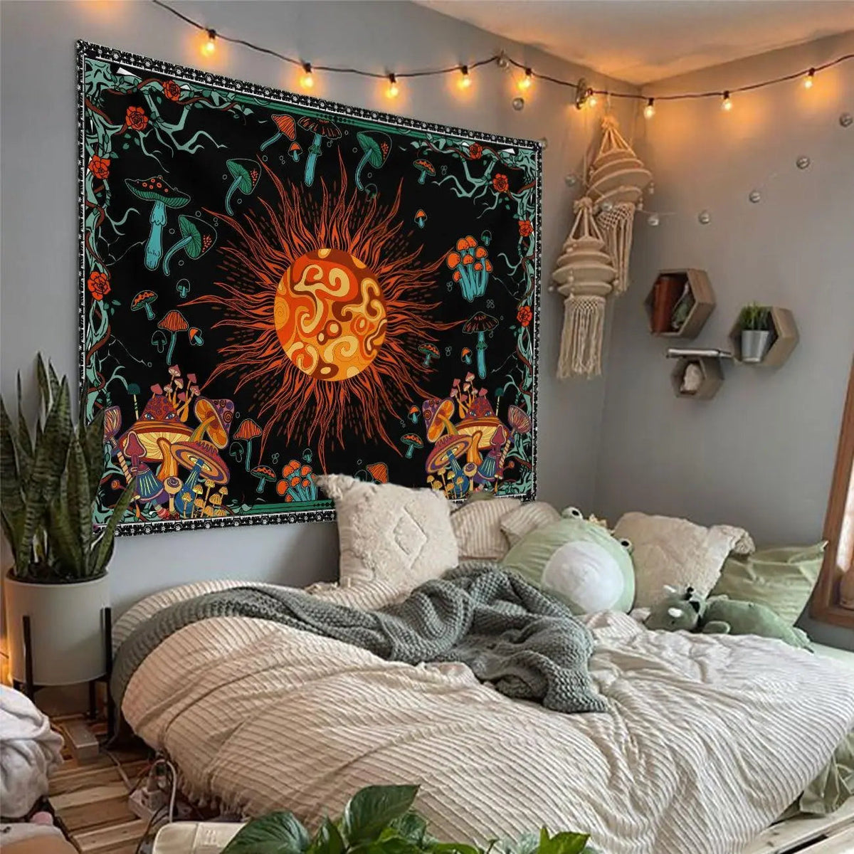 Embroidered Star and Moon Constellation Tapestry with Boho Detailing for Home Ambience