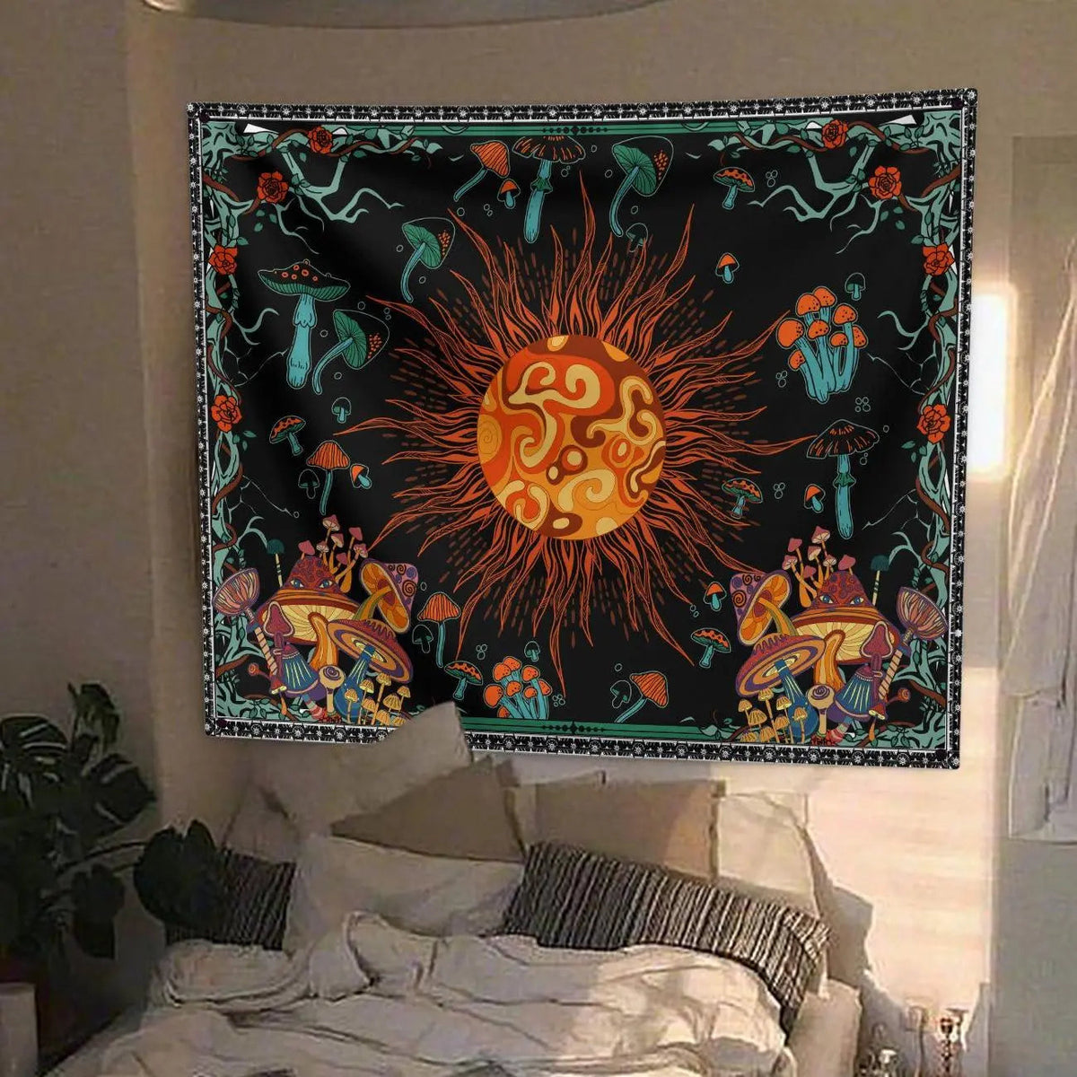 Embroidered Star and Moon Constellation Tapestry with Boho Detailing for Home Ambience