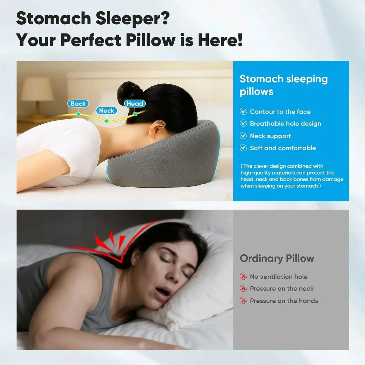 Face Down Pillow with Contoured Opening and Breathable Design for Massage Tables and Prone Resting