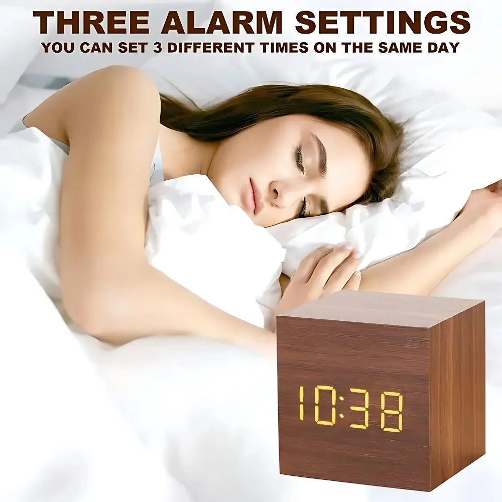 Wooden LED Digital Alarm Clock with Temperature Display and Sound Control for Desktop and Bedside Use