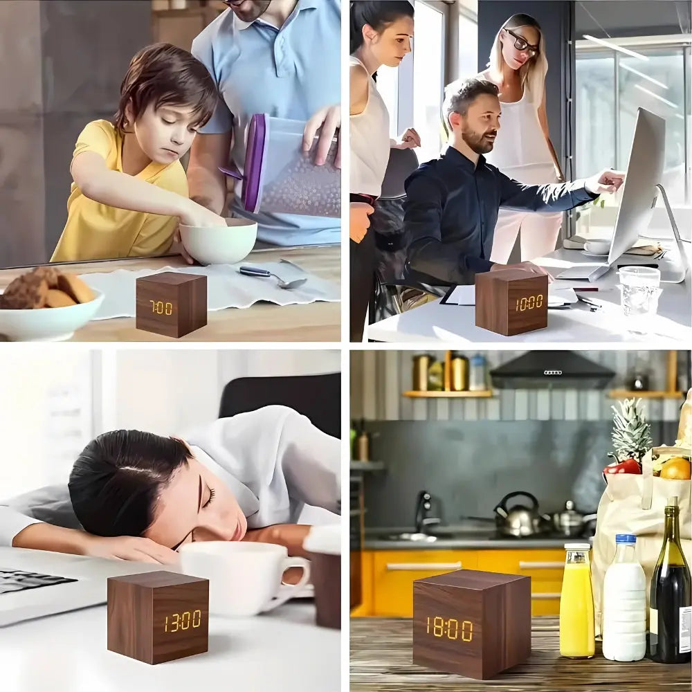 Wooden LED Digital Alarm Clock with Temperature Display and Sound Control for Desktop and Bedside Use