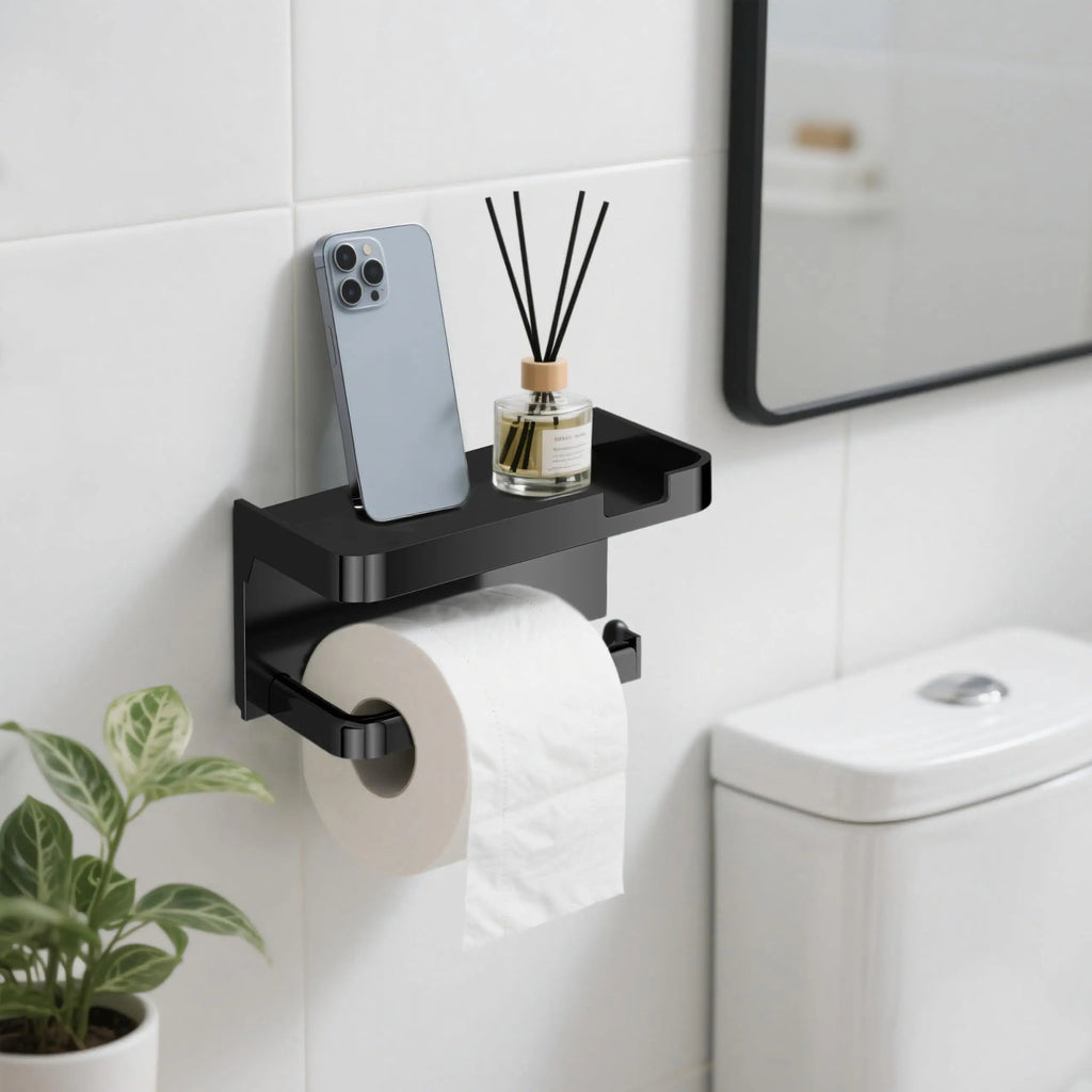 Toilet Paper Holder with Phone Shelf Space Aluminum for Bathroom Wall Mount Storage