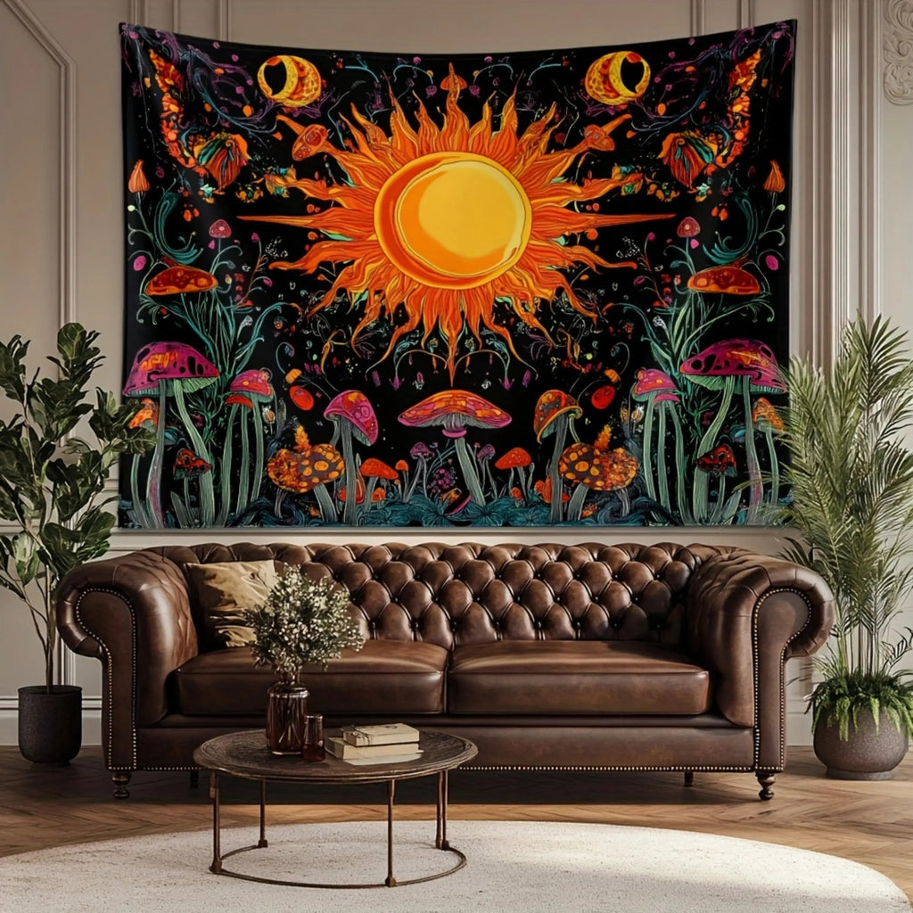 Embroidered Star and Moon Constellation Tapestry with Boho Detailing for Home Ambience