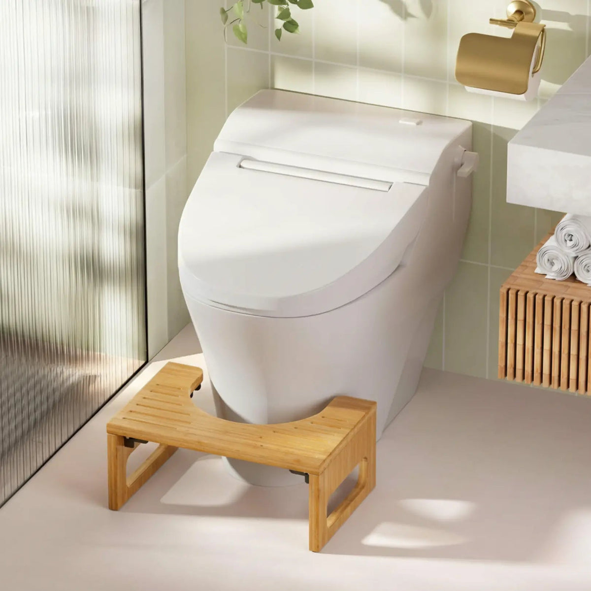 Bamboo Foldable Toilet Stool with Non Slip Base for Compact Bathroom Use