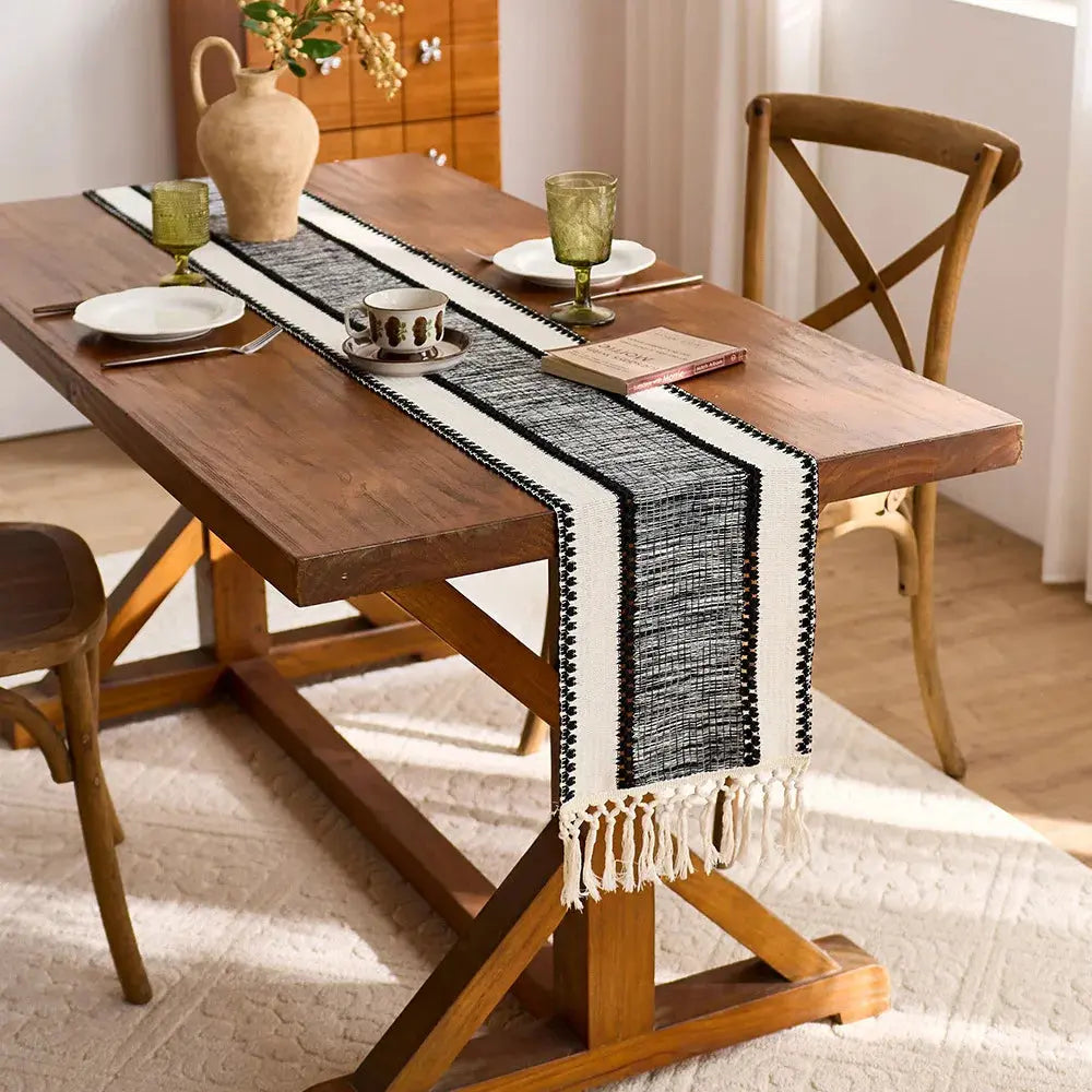 Brown Boho Macrame Table Runner with Tassels Farmhouse Dining Decor