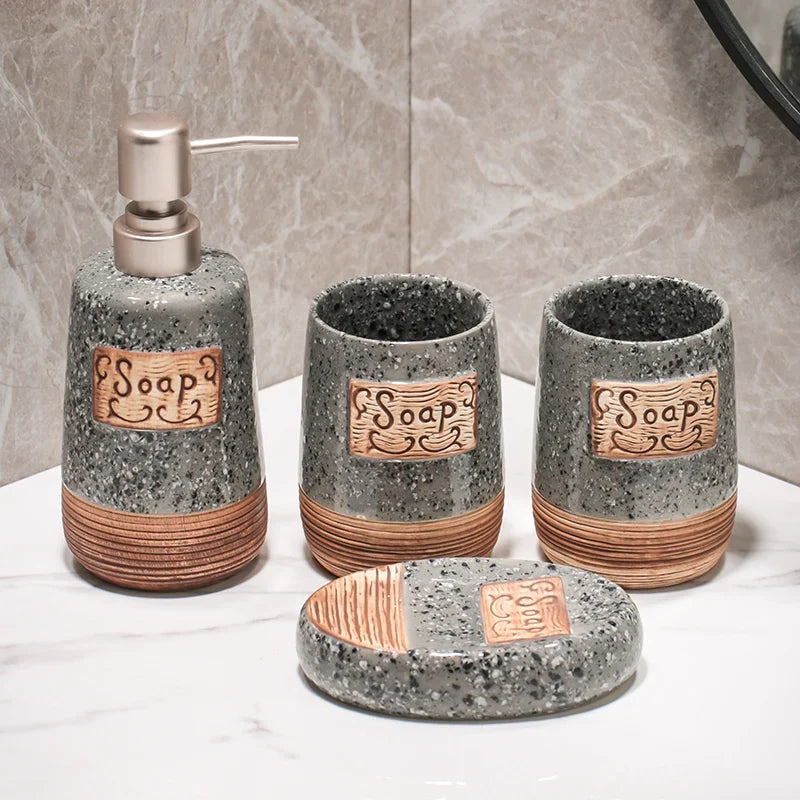 Ceramic Bathroom Accessory Set with Lotion Dispenser Cup Soap Dish and Countertop Holder