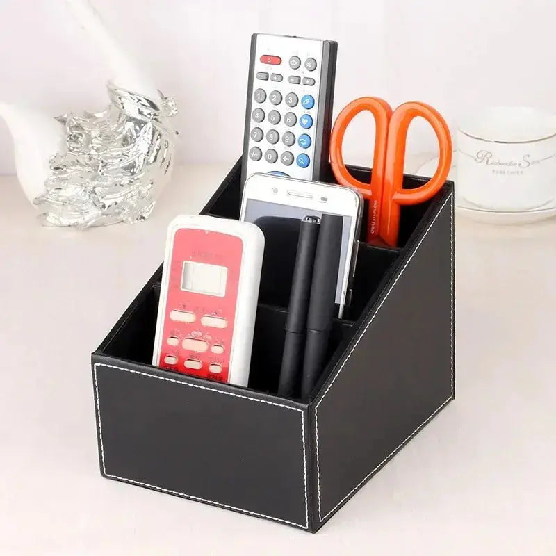 Remote Control Holder with 5 Compartments Vegan Leather Desktop Organizer for Living Room and Office Storage